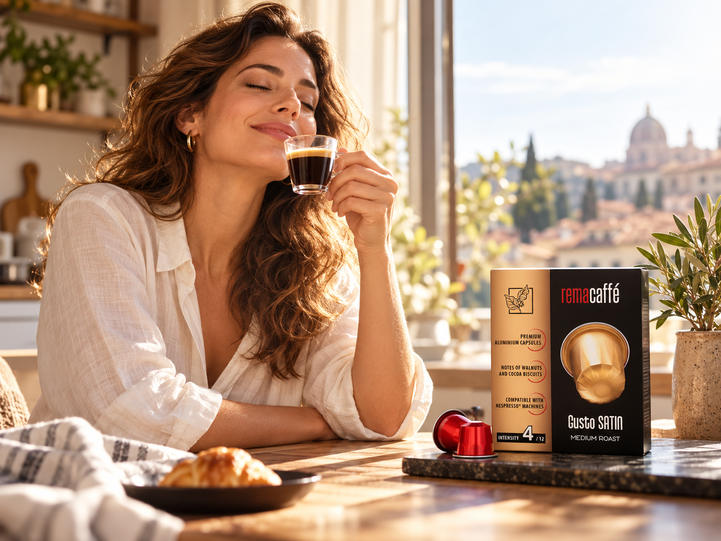 Woman enjoying espresso beside Rema Caffè capsules in a sunlit European-style kitchen