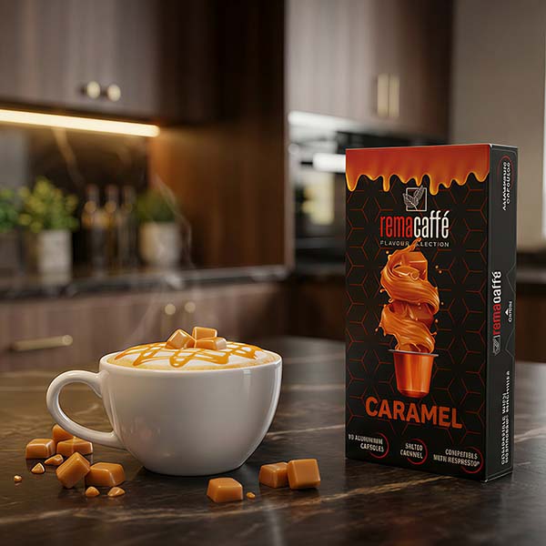Rema Caffè Caramel coffee capsules with a caramel coffee drink