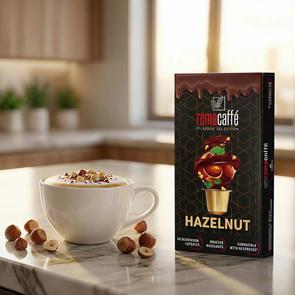 Rema Caffè Hazelnut coffee capsules with a hazelnut coffee drink